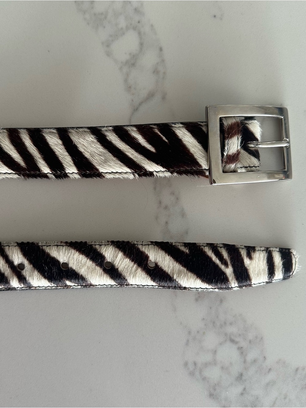 Vintage Zebra Pony Hair Leather Belt with Silver Buckle Brown and White Large